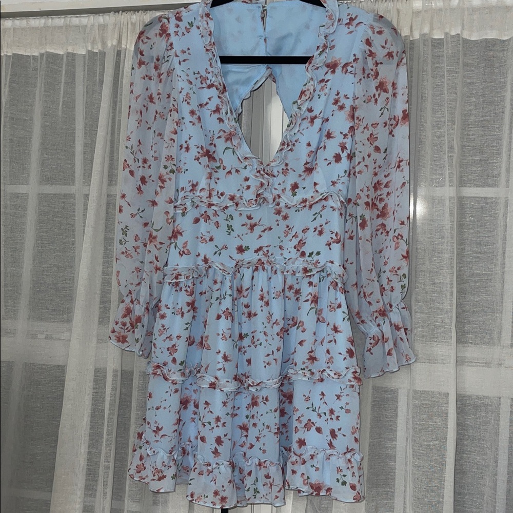 CISTAR NEW YORK Floral-Print Ruffle Long-Sleeve Open Dress Light Blue and Pink